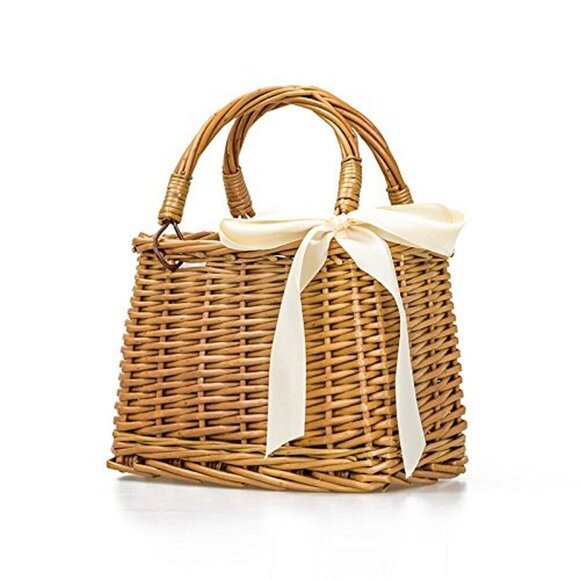 Natural Handwoven Wicker Handbag, Rectangular Basket Purse, Women Straw Tote Rec - Picture 1 of 5